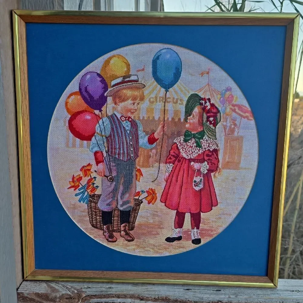 Vintage 1988 Finished Cross Stitch Circus Balloons Framed Handmade Wall Art